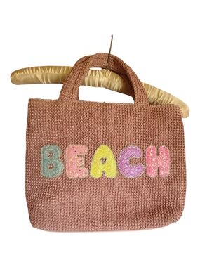 Miss Gwen's OMG Accessories Pink Woven Beach Tote Bag Glitter Letters